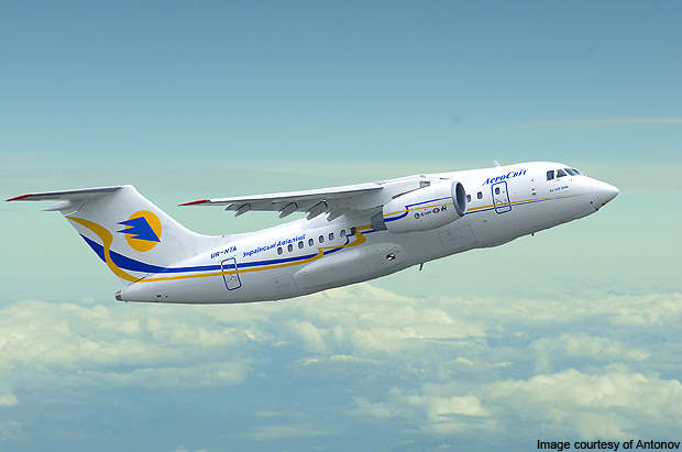 The Antonov An-148 is a twin-engine regional passenger aircraft.