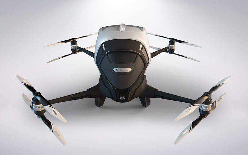 EHang launched the 184 autonomous aerial vehicle (AAV) at CES in January 2016. Credit: EHang.