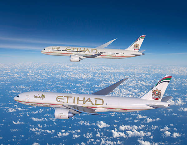 A graphical image showing the 787-9 and 777 Freighter in Etihad's colour scheme. Credit: Boeing.