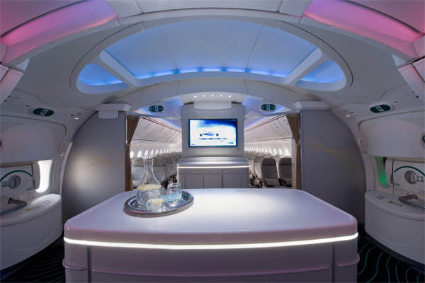 Boeing's third 787 Dreamliner, ZA003, has had the cabin refurbished to show the capabilities of the Dreamliner's interior. Image courtesy of Boeing.