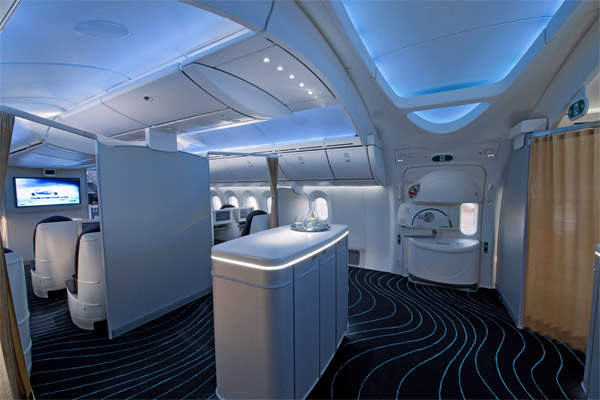 The 787 Dreamliner cabin features a 'simulated sky' ceiling effect produced by arrays of light-emitting diodes (LEDs) . Image courtesy of Boeing.