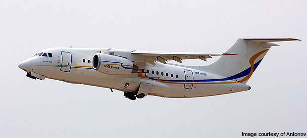The An-148 is a high-wing monoplane with turbofan jet engines mounted in pods under the wing.