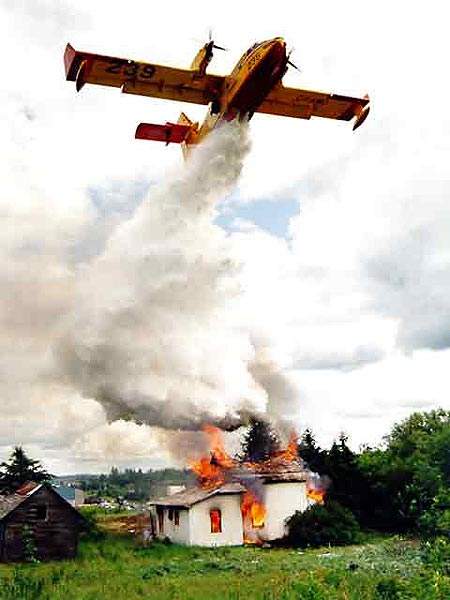 The Canadair 415 aircraft can remain on station for up to three hours, dropping typically nine tank loads of water on a fire.