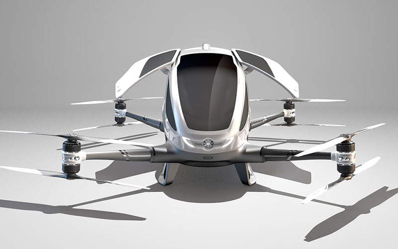 The drone features two gull-wing doors for entry and exit. Credit: EHang.