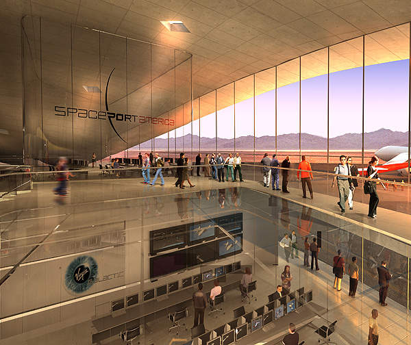 Conceptual image of the lobby at Spaceport America. Image courtesy of URS / Foster + Partners.