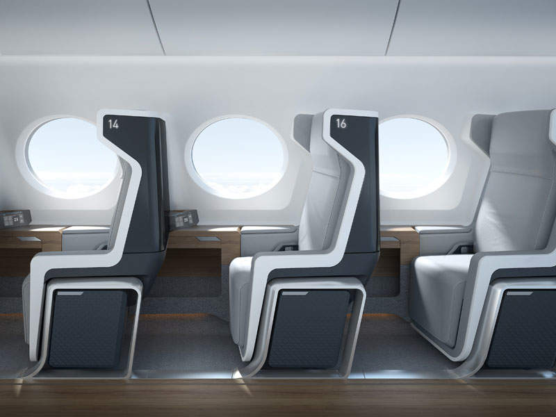 Each passenger will have a large window and personal overhead bin. Credit: Boom Technologies.