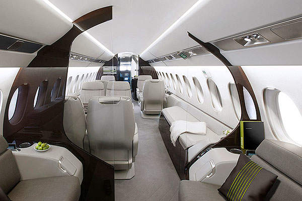 The cabin has provision for three distinct lounges. Image courtesy of Dassault Aviation.