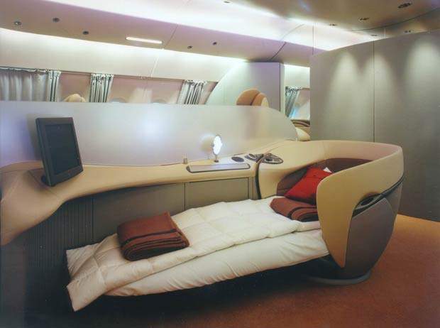 The size of the aircraft also allows for a surprising number of configurations for different airlines, such as these luxury beds.