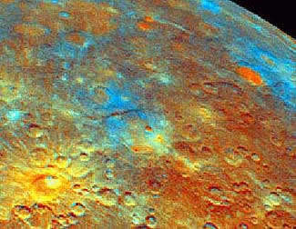 Variations in the colours of rocks lying in different craters, shown here in enhanced Mariner 10 images, suggest variations in composition. This is one of the things that the Messenger Mission will study.