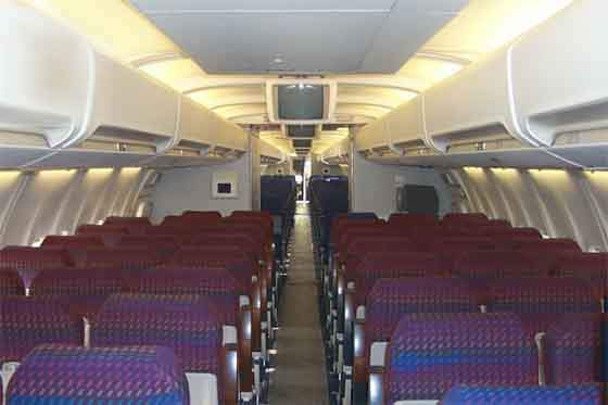 Interior of the Boeing 757-300 with 243 passenger seats.